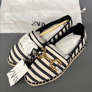 Zara Black and White Striped Loafers with Gold Detail